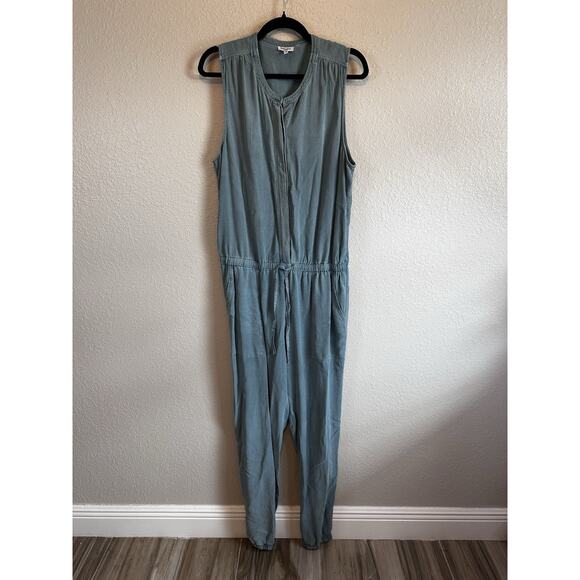 Splendid Chambray Jumpsuit L Medium green Indigo Drawstring Waist Pocket Tapered - Picture 3 of 11